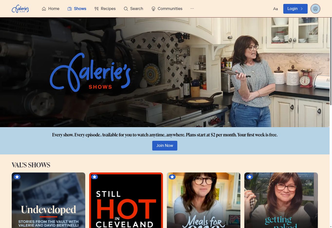 Valerie's Place shows page with original cooking and entertainment series